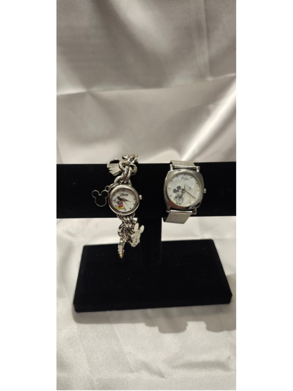 Disney Mickey Mouse Watch Lot (2) – Silver Tone Mesh Strap & Charm Bracelet